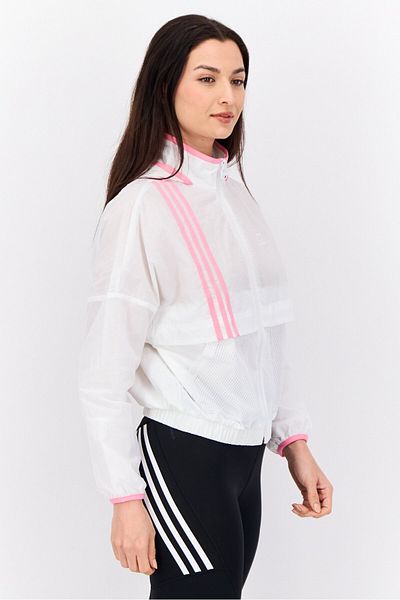 adidas Women Sportswear Fit Long Sleeve Training Hooded Jacket, White/pink