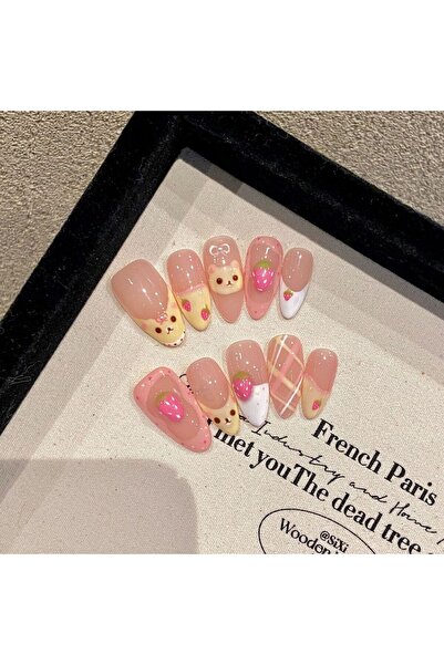 Choice أظافر صناعية مصنوعة يدويًا على شكل دب لطيف بتصميم ثلاثي الأبعاد على شك...