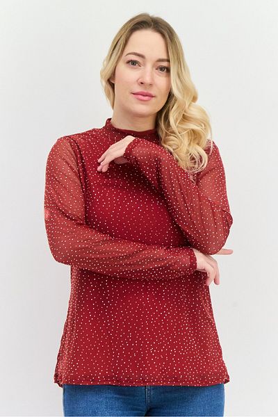 ny collection Women Mock Neck Long Sleeves Metallic Top, Red/silver