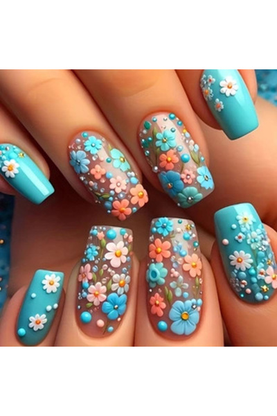 Choice 1960 24 قطعة/مجموعة أظافر صناعية متوسطة الطول للنساء بتصميم زهور الربي...