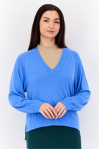 Esprit Women V Neck Plain Sweater, Blue