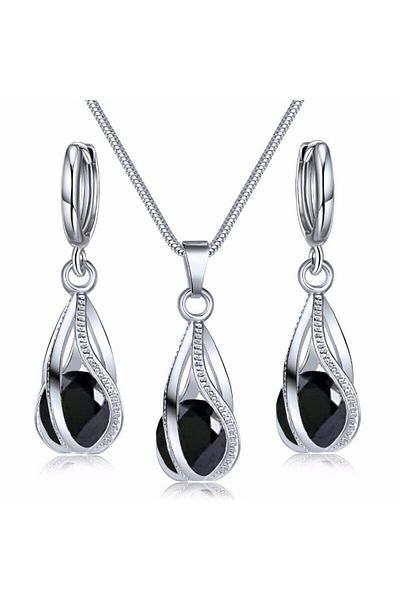 Choice Silver 3pcs Necklace Earring Set Ladies Light Luxury Wind Copper Alloy Pendant Black Crystal Stone E