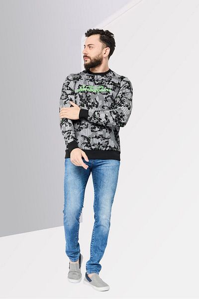 Lamborghini Men Crew Neck Allover Print Long Sleeves Sweatshirt, Grey/Black