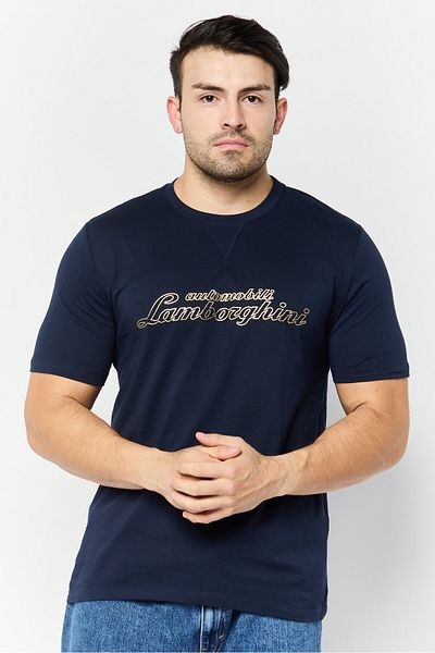 Lamborghini Men Crew Neck Short Sleeves Brand Logo T-Shirt, Navy