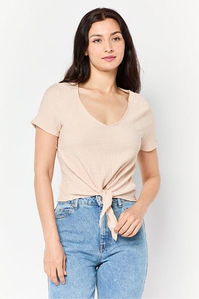 DeFacto Women V Neck Short Sleeve Textured Top, Beige