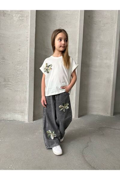 Minigimin Cicileri My Little One's Ciciler Lily Detailed Jeans Trousers Girl's 2-Piece Set - Anthracite