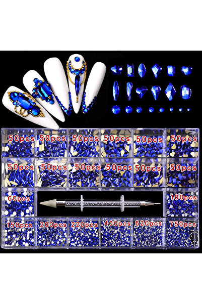 Choice 21 شريطًا أزرق داكن 21 شبكة صندوق أحجار الراين المختلطة ماسة أظافر مسط...