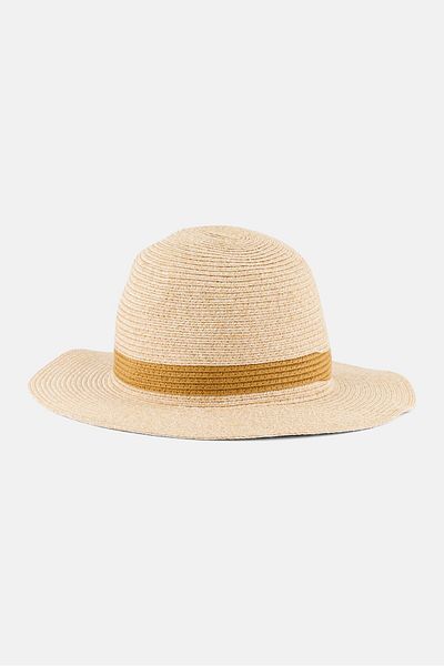 Bebe Women Woven Band Straw Floppy Hat, Beige/Tan