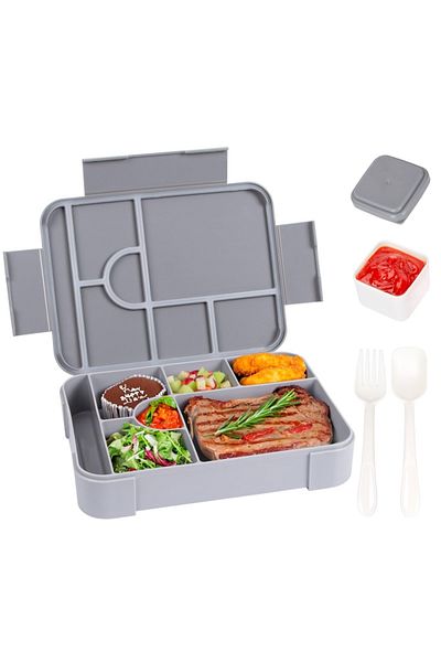 Choice 1330ml 1 7grid Grey 1pc Divided Bento Box Large Capacity Microwave Lunch Box With Fork Spoon Leakpro