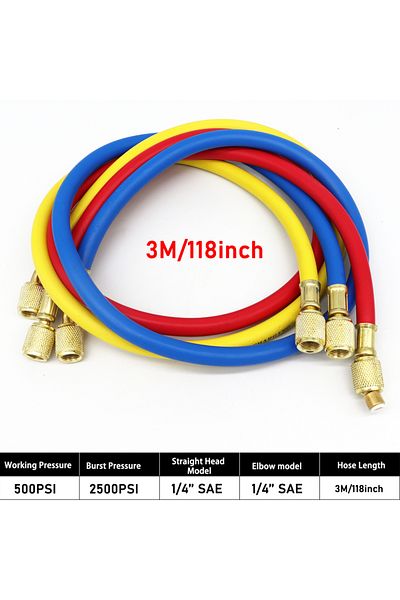 Choice 3M 3M/118inch 3PCS Refrigerant Charging Hose Set (2500~500) PSI AC Fits HVAC Air Condition Refrigera