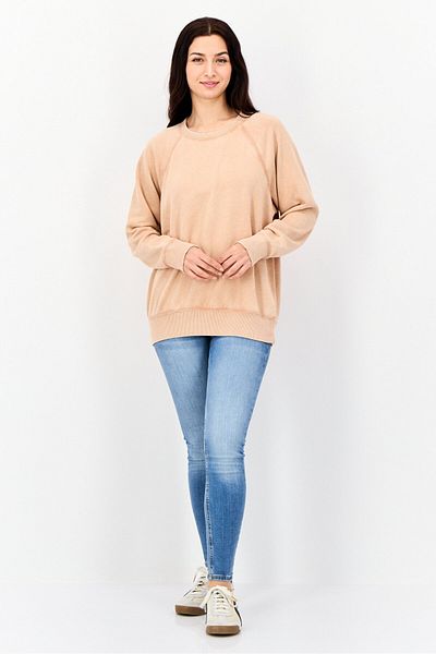 AMERICAN EAGLE Women Crew Neck Solid Long Sleeve Sweatshirt, Tan