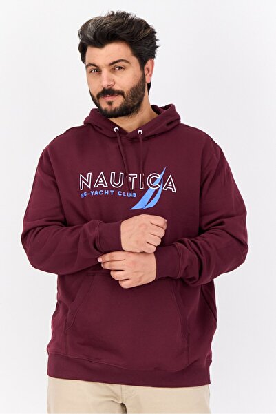 Nautica سويت شيرت رجالي بأكمام طويلة وغطاء رأس وشعار العلامة التجارية، لون عنابي
