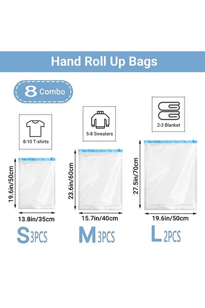 Choice Show in Picture 8 Combo (3S 3M 2L) 8 Pack Roll Up Compression Bags Reusable Vacuum Storage Bags for