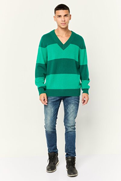 Esprit Men V Neck Stripe Print Knitted Sweater, Green