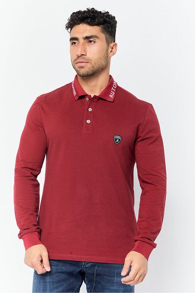 Lamborghini Men Regular Fit Brand Logo Long Sleeves Polo Shirt, Maroon