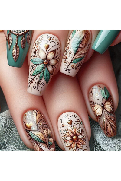 Choice 1947 24 قطعة/مجموعة أظافر صناعية متوسطة الطول للنساء بتصميم زهور الربي...