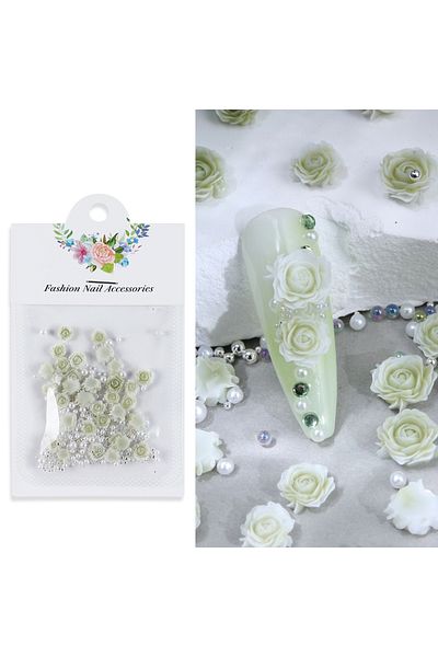 Choice QV 30 PCs Gradient Carved Roses with Steel Bead Pearl Nail Accessories