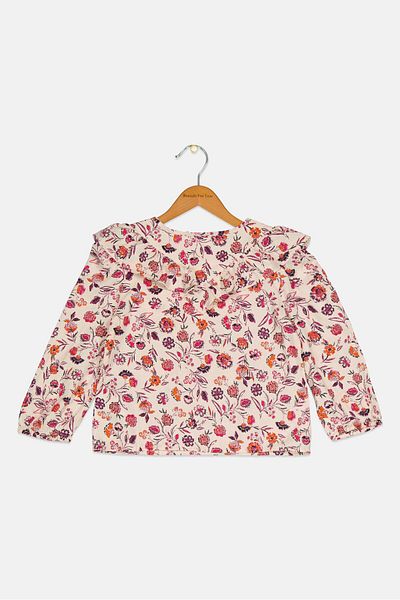 GAP Kids Girl Round Neck Floral Pattern Long Sleeve Top, Cream