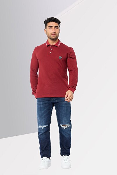 Lamborghini Men Regular Fit Brand Logo Long Sleeves Polo Shirt, Maroon