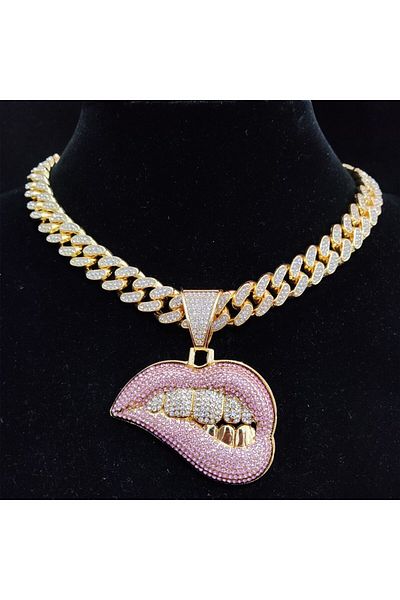 Choice 20inch(50CM) Gold Color Men Women Hip Hop Bite Lip Shape Pendant Necklace With 13mm Crystal Cuban Ch