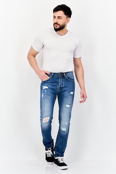 GAS Men Carrot Fit Distressed Stretchable Denim, Mid Blue