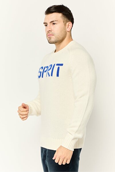 Esprit Men Ribbed Collar Embroidered Logo Sweater, Off White
