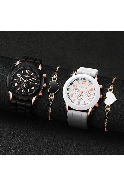Choice WHITE 2Pcs Luxury Women's Watch Set Fashion Luxury Elegant Alloy Wristwatch Silicone Strap Couple Wa
