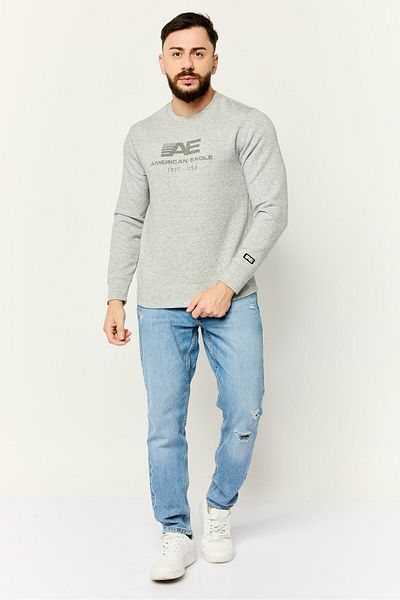 AMERICAN EAGLE Men Crew Neck Long Sleeve Brand Logo Sweatshirt, Heather Grey