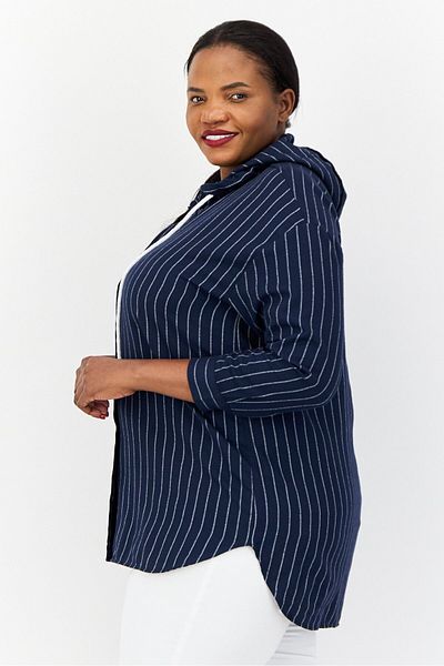 DeFacto Women Stripe Long Sleeve Hooded Blouse, Navy