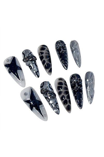 Choice أظافر صناعية مصنوعة يدويًا على شكل نجمة سوداء رائعة من جلد التمساح بأظ...