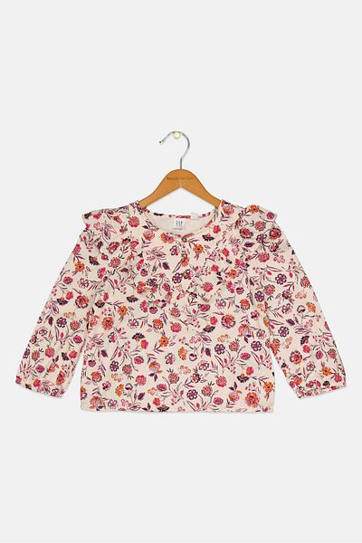 GAP Kids Girl Round Neck Floral Pattern Long Sleeve Top, Cream