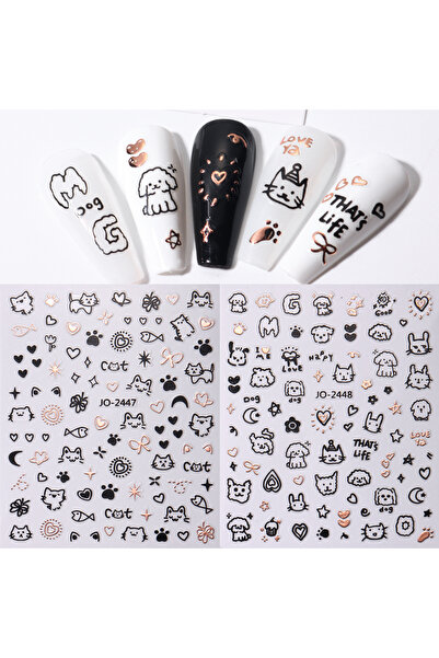 Choice JO2447and48RoseGold قطعتان من ملصقات أظافر القطط اللطيفة الكرتونية ذات...