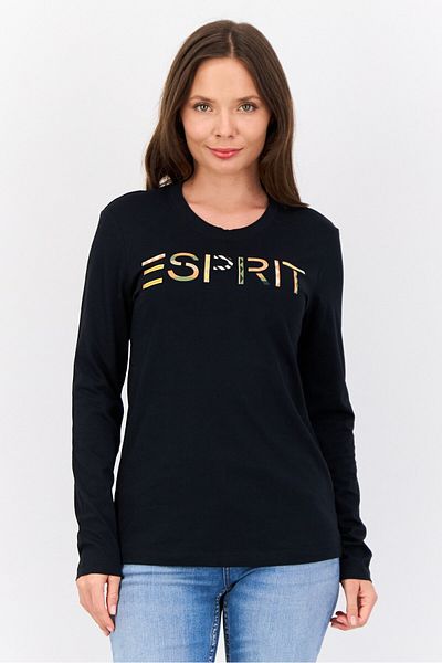 Esprit Women Crew Neck Long Sleeve Brand Logo T-shirt, Black