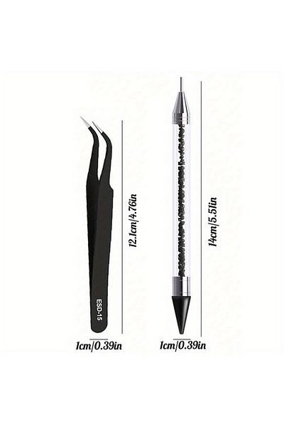 FUMOSIK Dark 2Pcs set of manicure double-ended diamond pens with crayons stainless steel tweezers nail art g