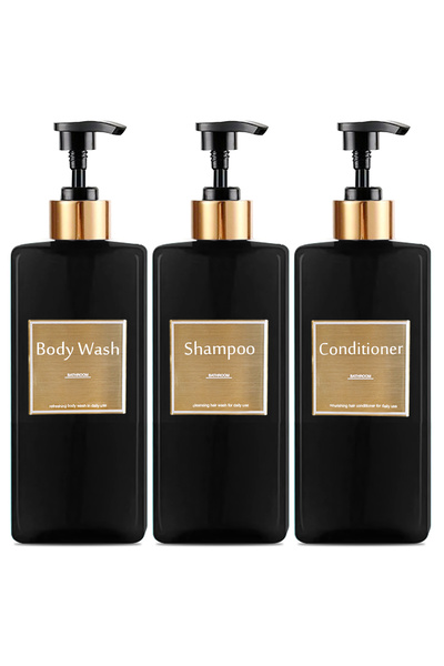Choice مجموعة موزع صابون الاستحمام باللون الأسود، زجاجة شامبو وبلسم قابلة لإع...