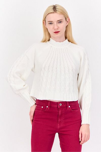 PİNK ROSE Women Mock Neck Knitted Sweater, Bright White