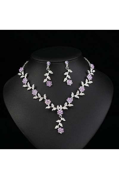 Choice Silver plated crystal purple Factory Direct Supply European and American Necklace Set Bride Retro Ve