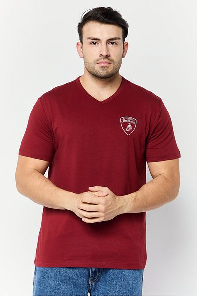 Lamborghini Men V-Neck Short Sleeves Brand Logo T-Shirt, Maroon