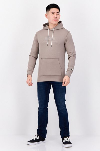 AMERICAN EAGLE Men Graphic Print Long Sleeve Hoodie, Taupe