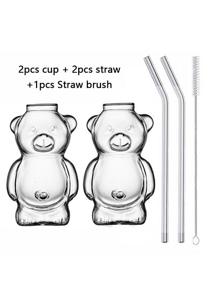 Choice 2pcs 1/2pcs Cartoon Bear Shaped Glass Cup With Straw 300ml Transparent Juice Cocktail Glass Cup Rest