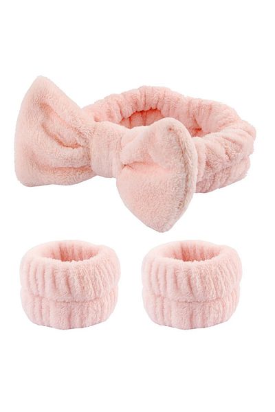 Choice Flannel Pink 3pcs Bow Headband Wristband Set Towel Elastic Soft Washing Face Shower Make Up Yoga Spo