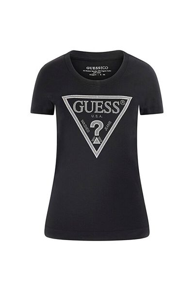 Guess Women's Shiny Triangle Logo Black T-Shirt