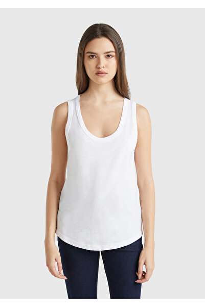 United Colors of Benetton Women's White 100% Cotton Ribbed Detailed Undershirt