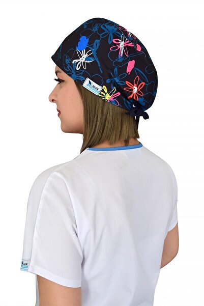 Nur Ortopedi Unisex Lacivert Çiçekli Doktor Hemşire Hastane Medikal Cerrahi Bonesi