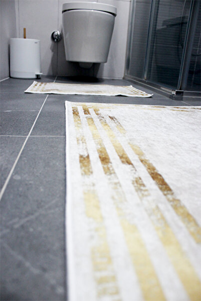 Charmbi Χαλάκι μπάνιου με μοτίβο χρυσής γραμμής, αντιολισθητική βάση, πλένεται στο πλυντήριο, σετ πατάκι μπάνιου 2 τεμαχίων