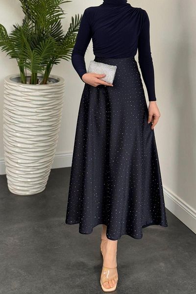 MERVEN AKYÜZ Σατέν φούστα Navy Blue Ficus Stone