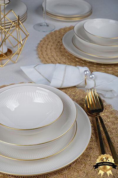 Heda Porselen Düş 24 Parça 6 Kişilik Altın Yaldızlı Porselen Yemek Takımı