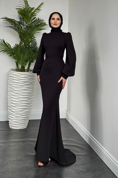 MERVEN AKYÜZ Lorenza Balloon Sleeve Tail Evening Dress Black