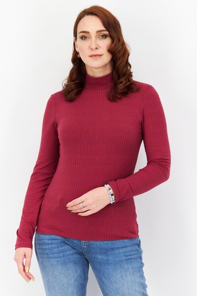 NA-KD بلوزة نسائية مضلعة بأكمام طويلة وياقة عالية، لون عنابي