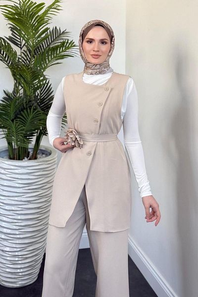 MERVEN AKYÜZ Side Buttoned Vest Set - Stone Carrier Logi